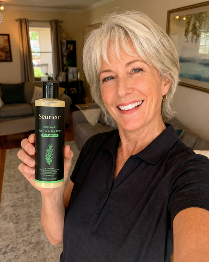 Customer holding Seurico shampoo in living room
