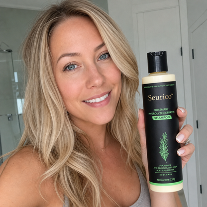 Customer selfie with Seurico rosemary shampoo