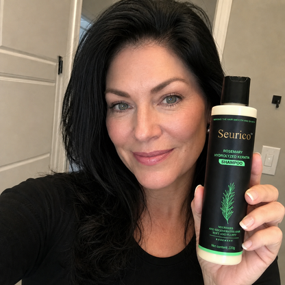 Customer showing Seurico shampoo bottle
