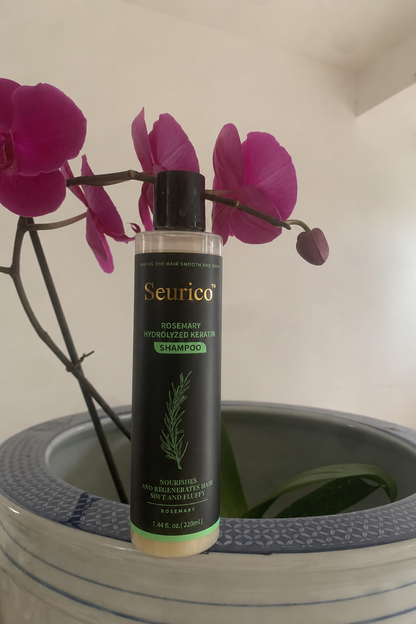Seurico shampoo bottle in home setting